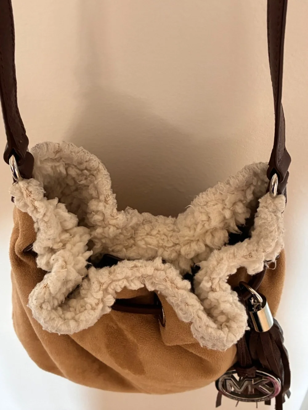 Michael Kors suede shearling mini bucket crossbody